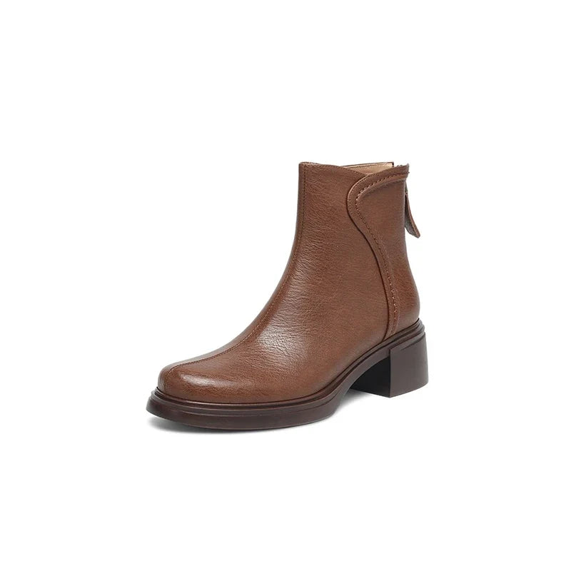 Women's leather handmade cowhide round head zipper high heel plus