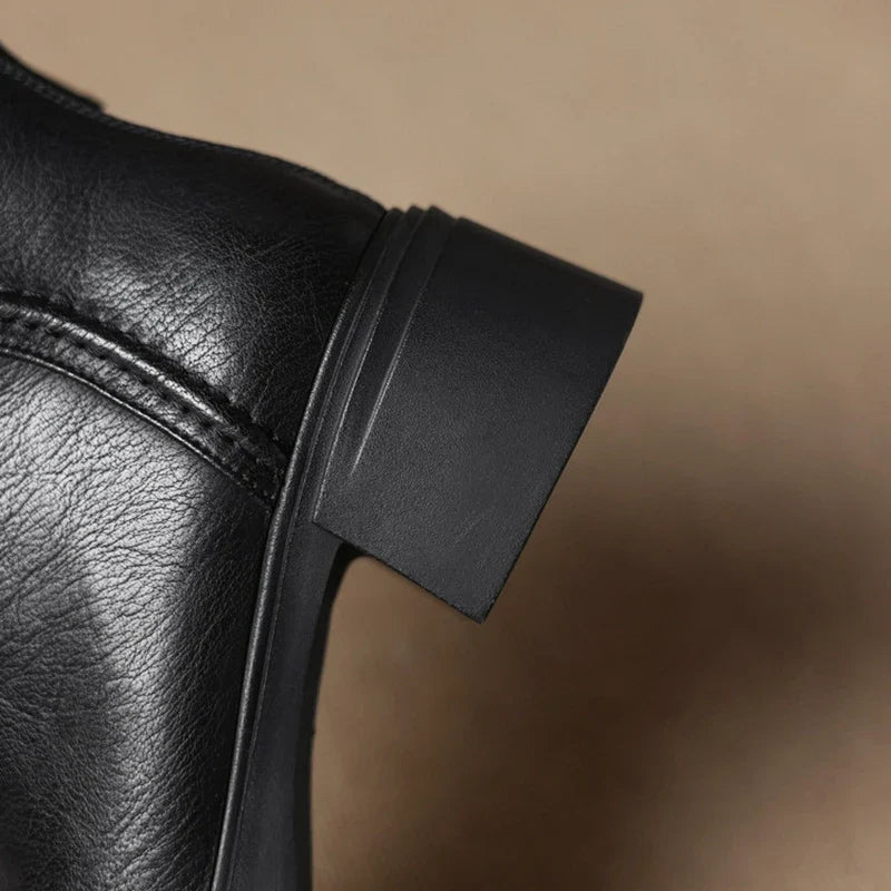 Women's leather handmade cowhide round head zipper high heel plus