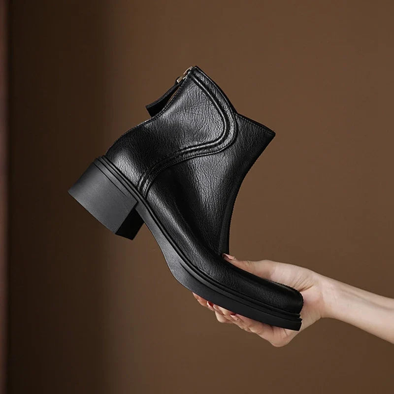 Women's leather handmade cowhide round head zipper high heel plus