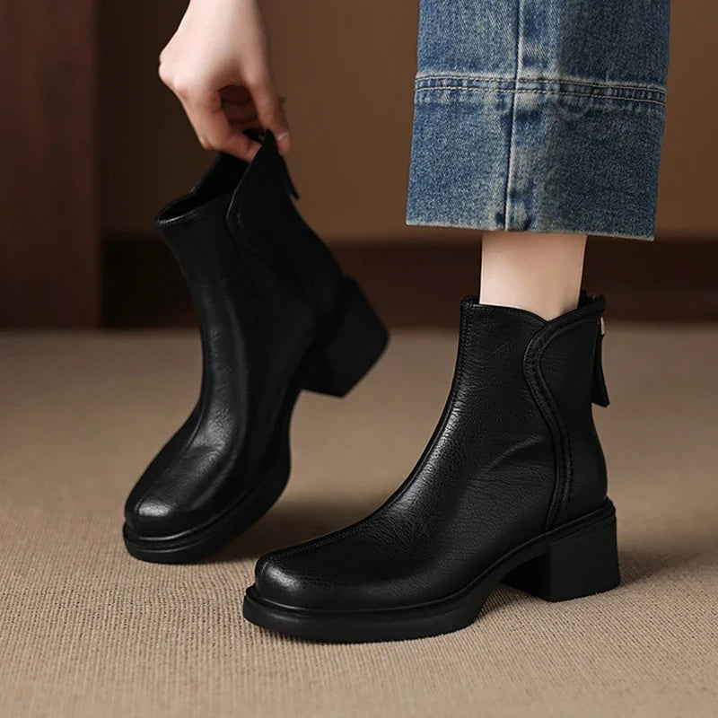 Women's leather handmade cowhide round head zipper high heel plus