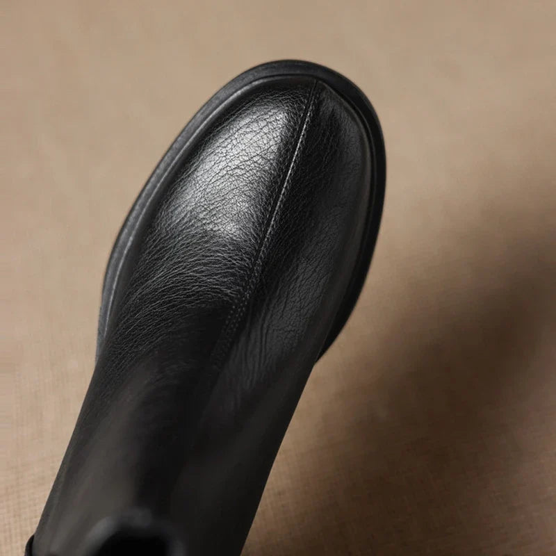 Women's leather handmade cowhide round head zipper high heel plus