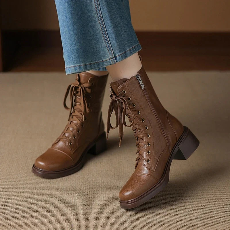 Women's leather handmade cowhide round toe lace up zipper high heel plus