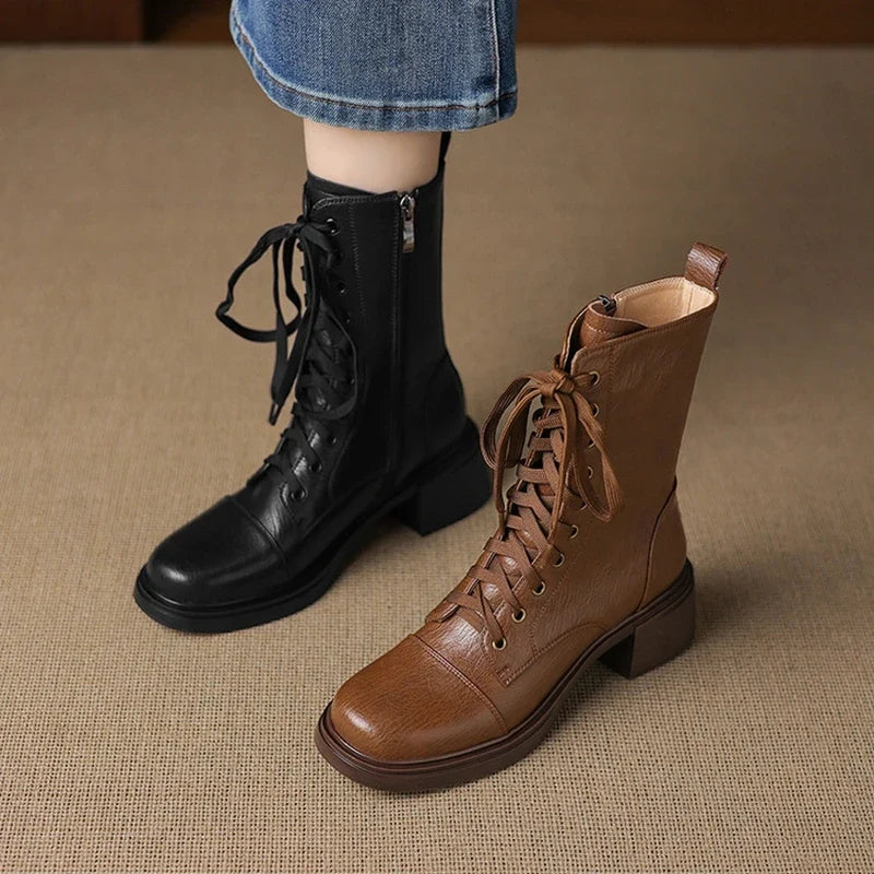 Women's leather handmade cowhide round toe lace up zipper high heel plus