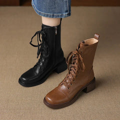 Women's leather handmade cowhide round toe lace up zipper high heel plus
