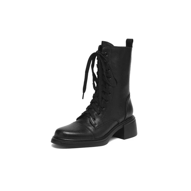 Women's leather handmade cowhide round toe lace up zipper high heel plus