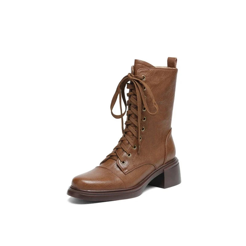 Women's leather handmade cowhide round toe lace up zipper high heel plus