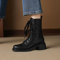 Women's leather handmade cowhide round toe lace up zipper high heel plus
