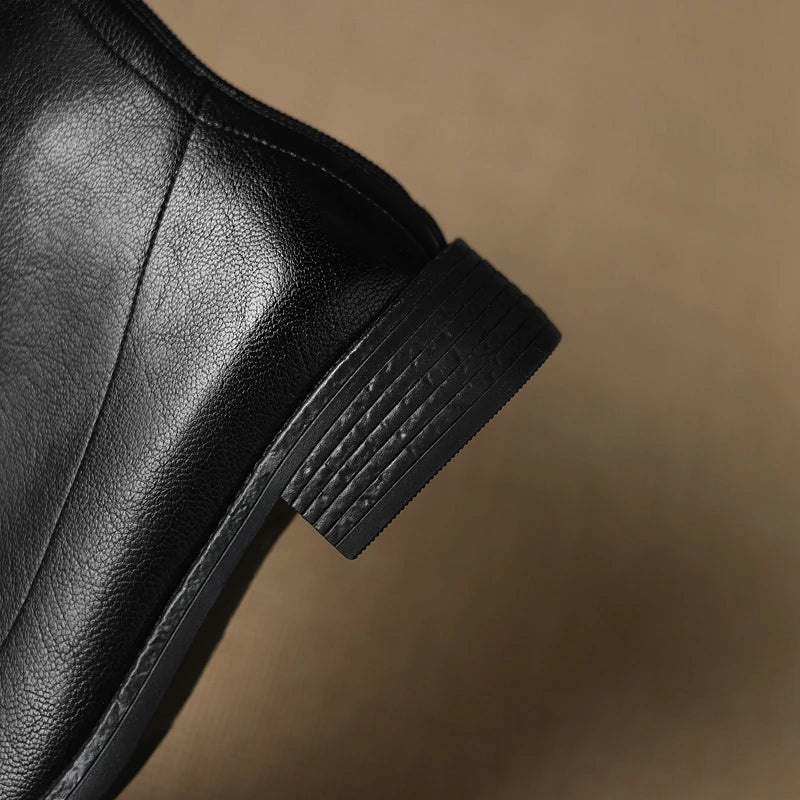 Women's leather round toe autumn and winter mid heel and calf back zipper retro comfortable elastic short boots
