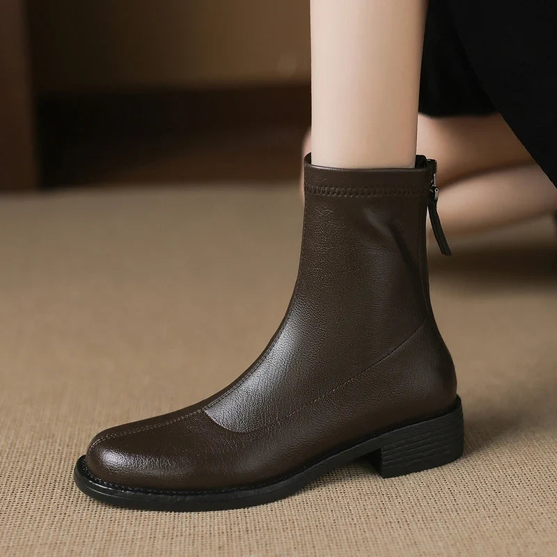 Women's leather round toe autumn and winter mid heel and calf back zipper retro comfortable elastic short boots