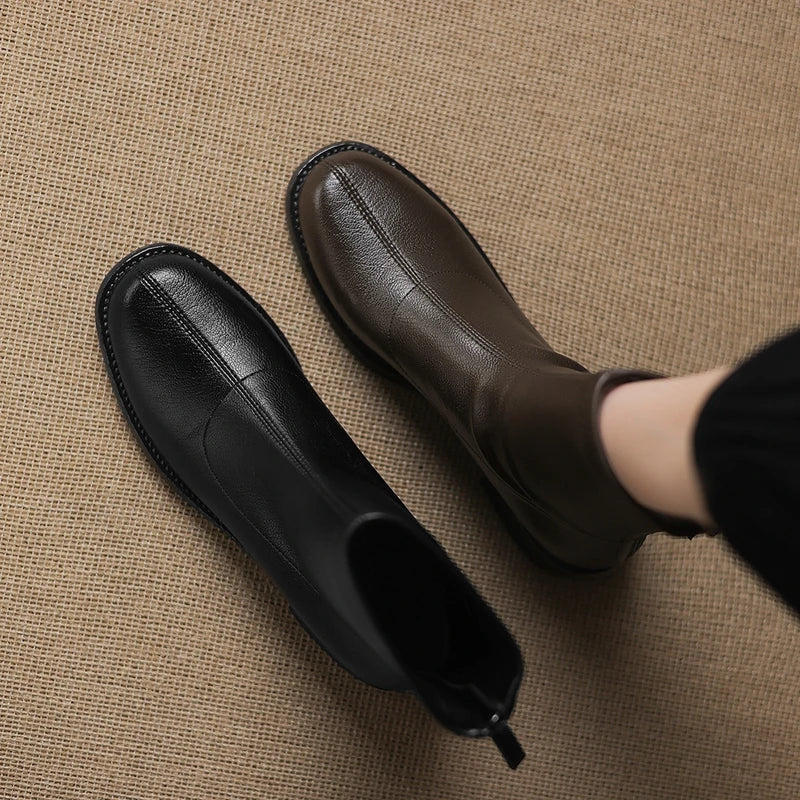 Women's leather round toe autumn and winter mid heel and calf back zipper retro comfortable elastic short boots