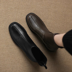 Women's leather round toe autumn and winter mid heel and calf back zipper retro comfortable elastic short boots