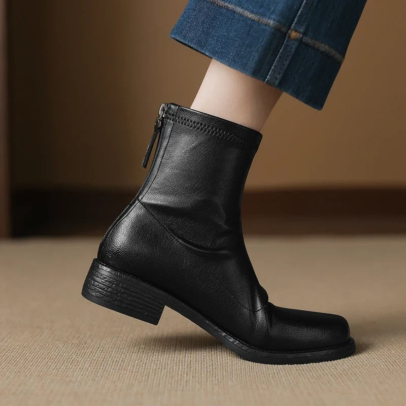 Women's leather round toe autumn and winter mid heel and calf back zipper retro comfortable elastic short boots