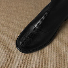 Women's leather round toe autumn and winter mid heel and calf back zipper retro comfortable elastic short boots