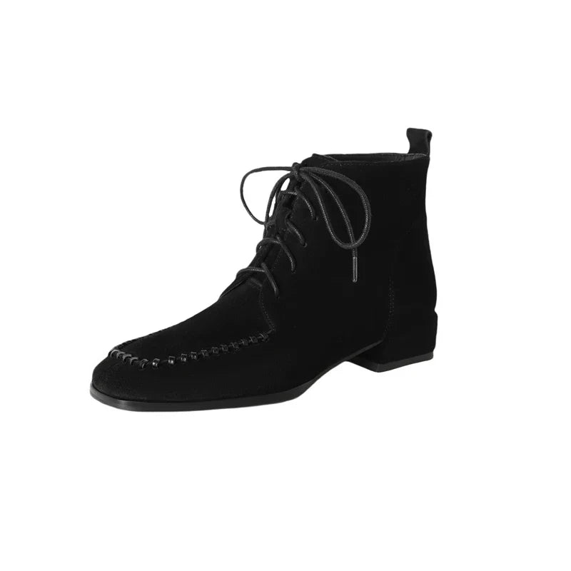 Women's leather sheep suede autumn and winter square toe lace up mid heel and calf Chelsea short Boots