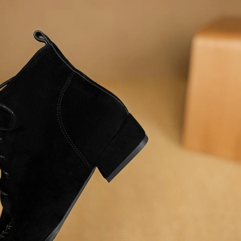 Women's leather sheep suede autumn and winter square toe lace up mid heel and calf Chelsea short Boots