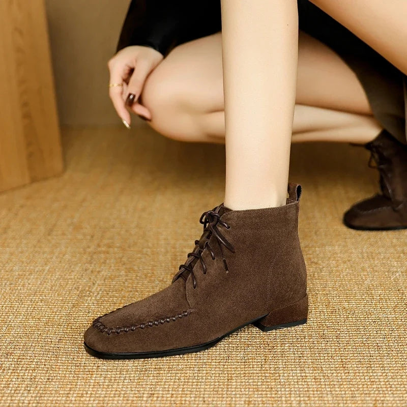 Women's leather sheep suede autumn and winter square toe lace up mid heel and calf Chelsea short Boots