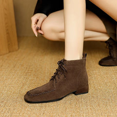 Women's leather sheep suede autumn and winter square toe lace up mid heel and calf Chelsea short Boots