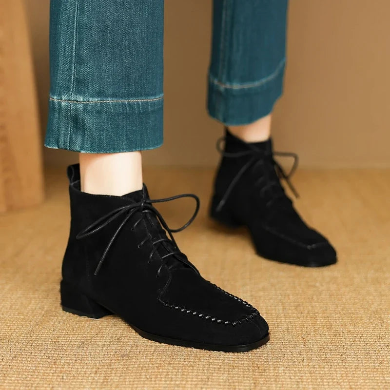Women's leather sheep suede autumn and winter square toe lace up mid heel and calf Chelsea short Boots