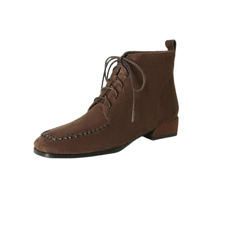 Women's leather sheep suede autumn and winter square toe lace up mid heel and calf Chelsea short Boots