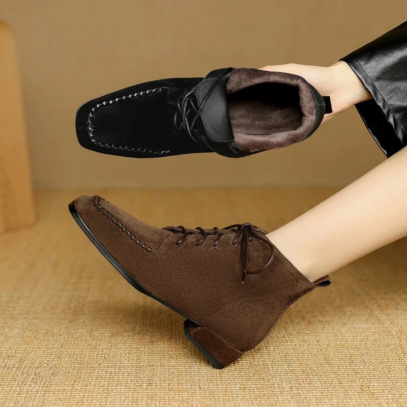 Women's leather sheep suede autumn and winter square toe lace up mid heel and calf Chelsea short Boots