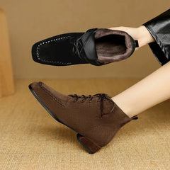 Women's leather sheep suede autumn and winter square toe lace up mid heel and calf Chelsea short Boots