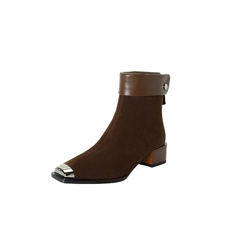 Women's leather sheep suede metal square toe thick heel mid heel plus