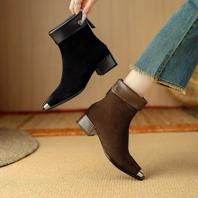 Women's leather sheep suede metal square toe thick heel mid heel plus