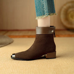 Women's leather sheep suede metal square toe thick heel mid heel plus