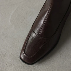 Women's leather sheepskin autumn and winter square toe and calf mid heel zipper elastic Boots
