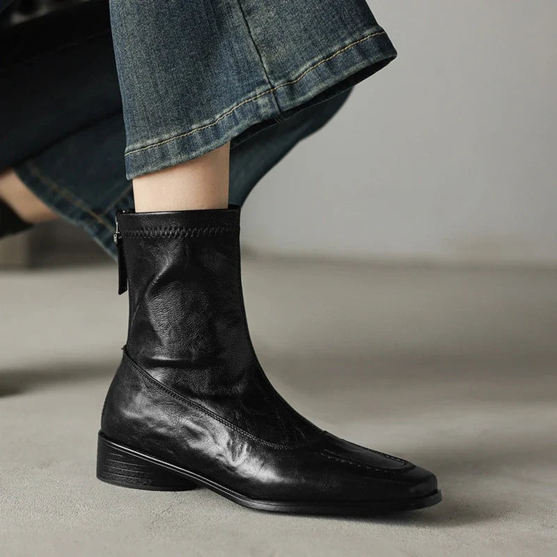 Women's leather sheepskin autumn and winter square toe and calf mid heel zipper elastic Boots