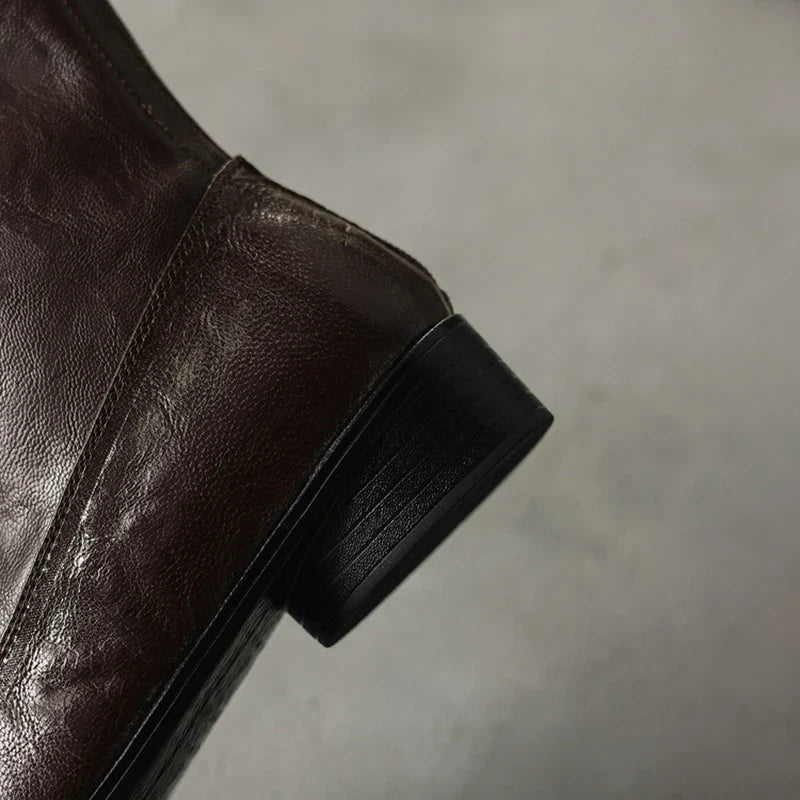 Women's leather sheepskin autumn and winter square toe and calf mid heel zipper elastic Boots