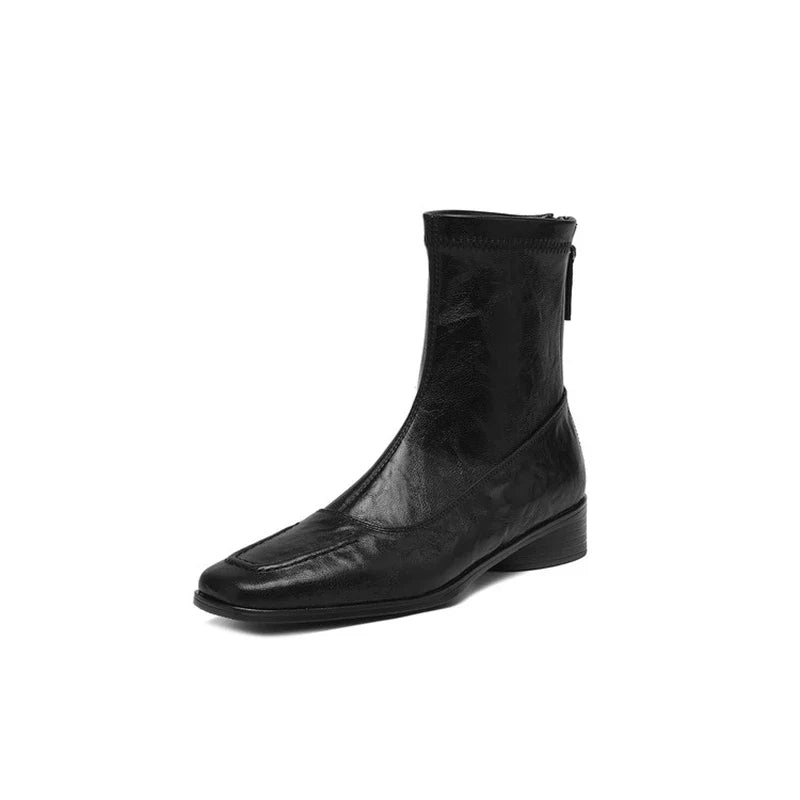 Women's leather sheepskin autumn and winter square toe and calf mid heel zipper elastic Boots