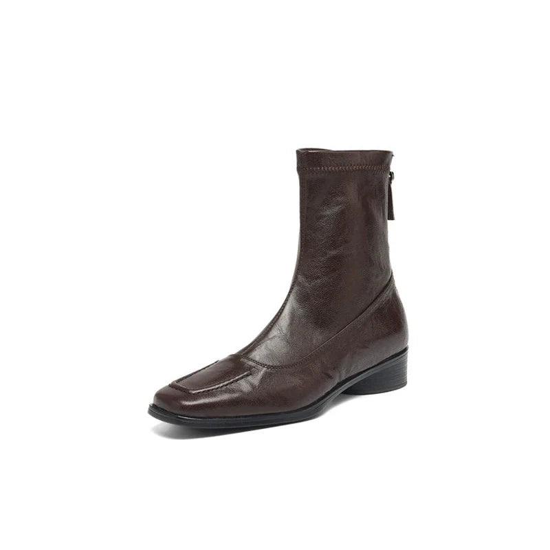 Women's leather sheepskin autumn and winter square toe and calf mid heel zipper elastic Boots