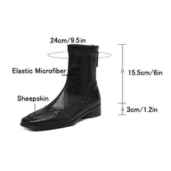 Women's leather sheepskin autumn and winter square toe and calf mid heel zipper elastic Boots