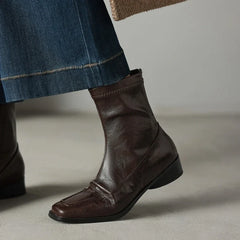 Women's leather sheepskin autumn and winter square toe and calf mid heel zipper elastic Boots