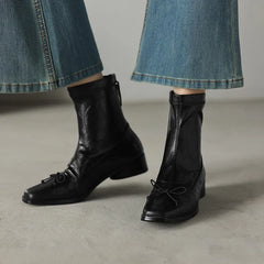 Women's leather sheepskin bow square toe and calf mid heel zipper elastic Boots