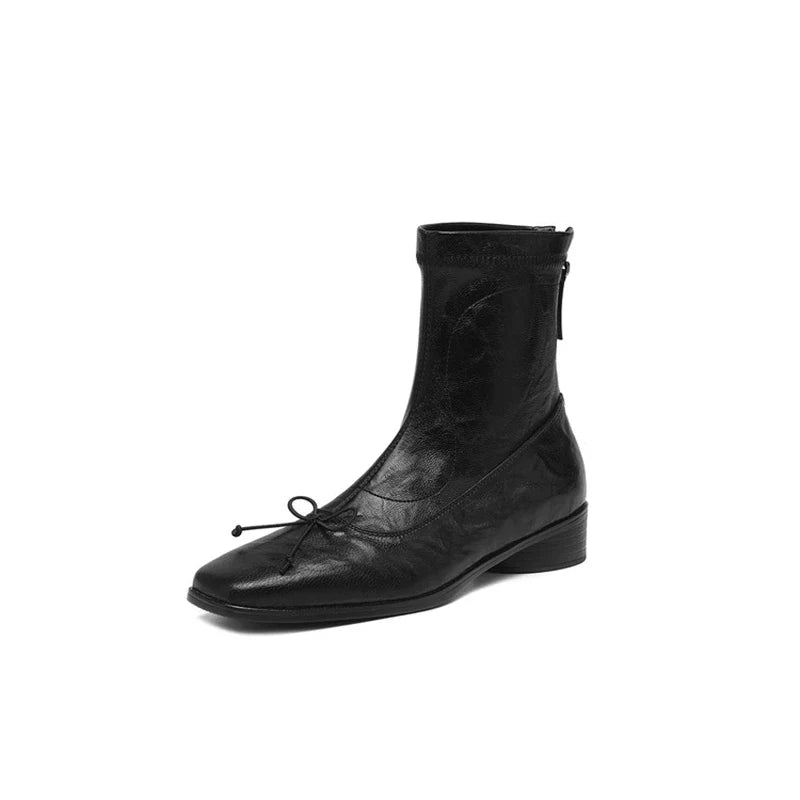Women's leather sheepskin bow square toe and calf mid heel zipper elastic Boots