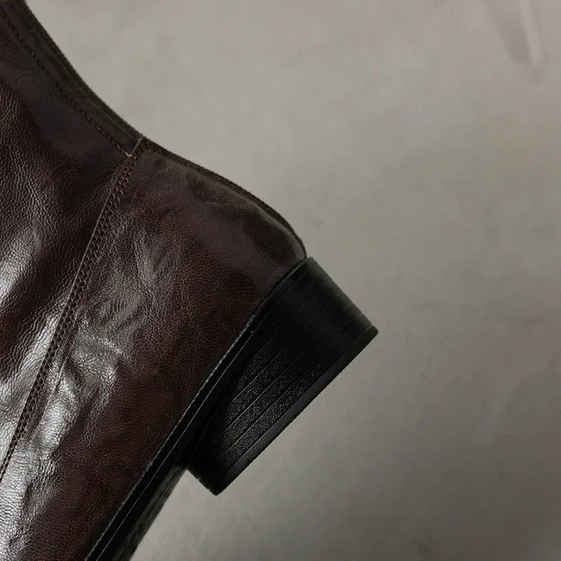 Women's leather sheepskin bow square toe and calf mid heel zipper elastic Boots