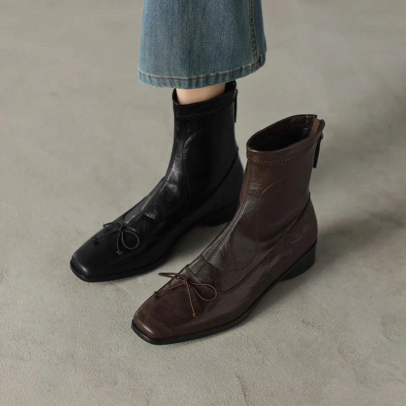 Women's leather sheepskin bow square toe and calf mid heel zipper elastic Boots