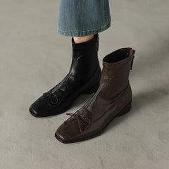 Women's leather sheepskin bow square toe and calf mid heel zipper elastic Boots