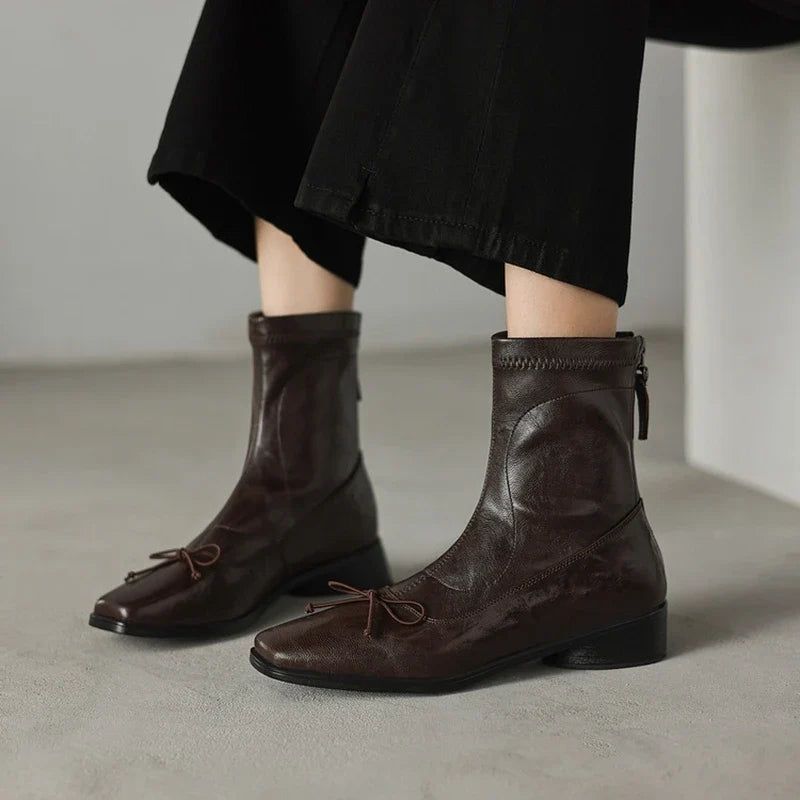 Women's leather sheepskin bow square toe and calf mid heel zipper elastic Boots