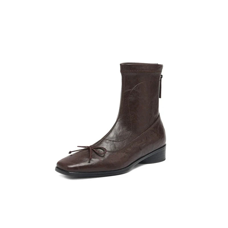 Women's leather sheepskin bow square toe and calf mid heel zipper elastic Boots