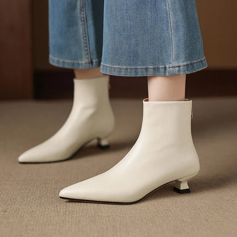 Women's leather sheepskin handmade pointed zipper mid heel plus