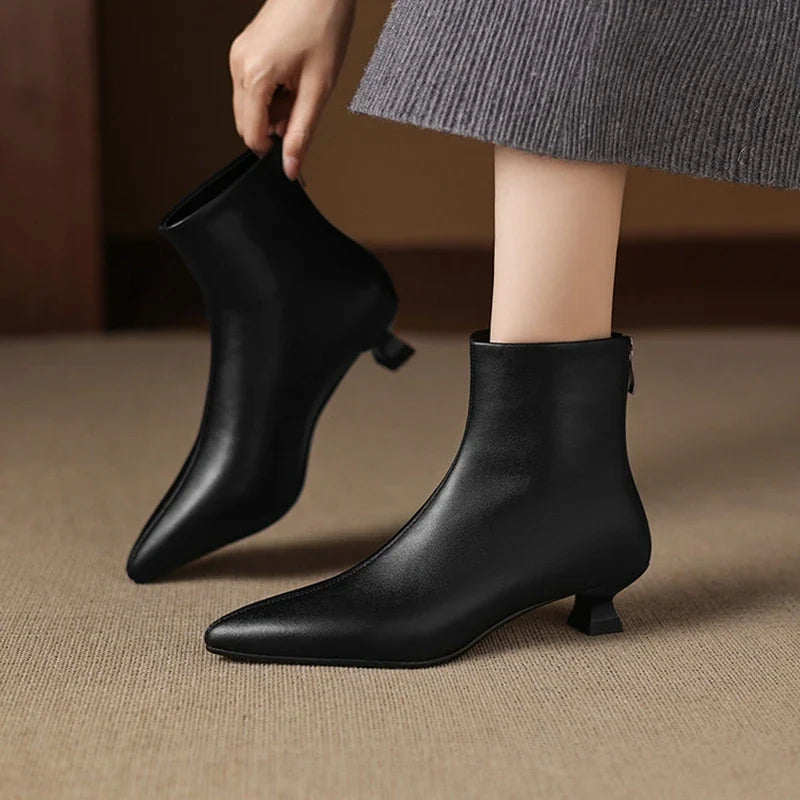 Women's leather sheepskin handmade pointed zipper mid heel plus