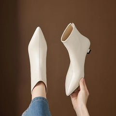 Women's leather sheepskin handmade pointed zipper mid heel plus