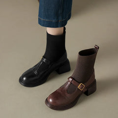 Women's leather sheepskin handmade round head metal belt buckle high heel plus