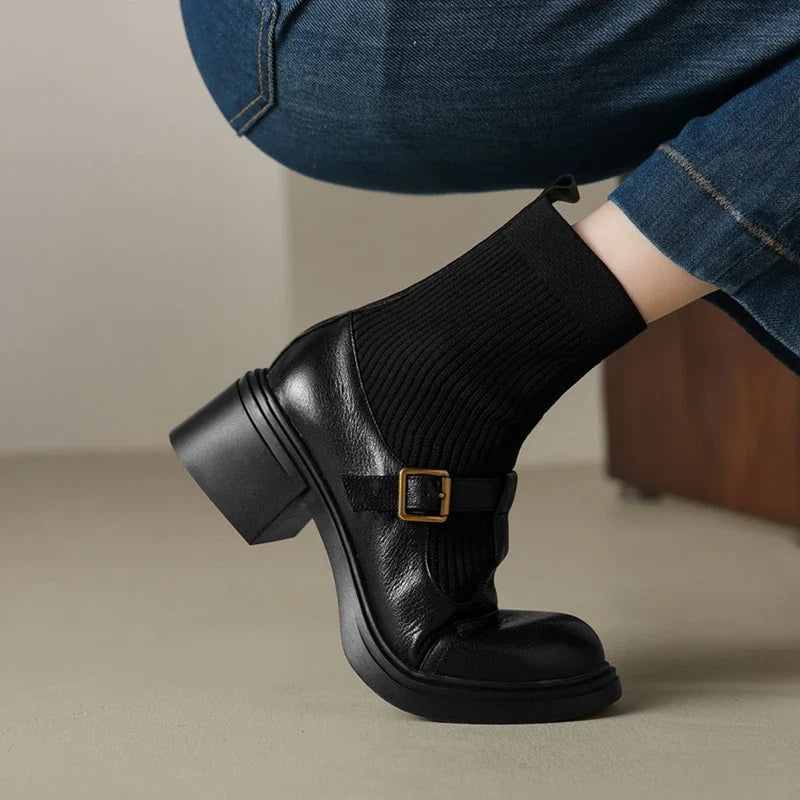 Women's leather sheepskin handmade round head metal belt buckle high heel plus
