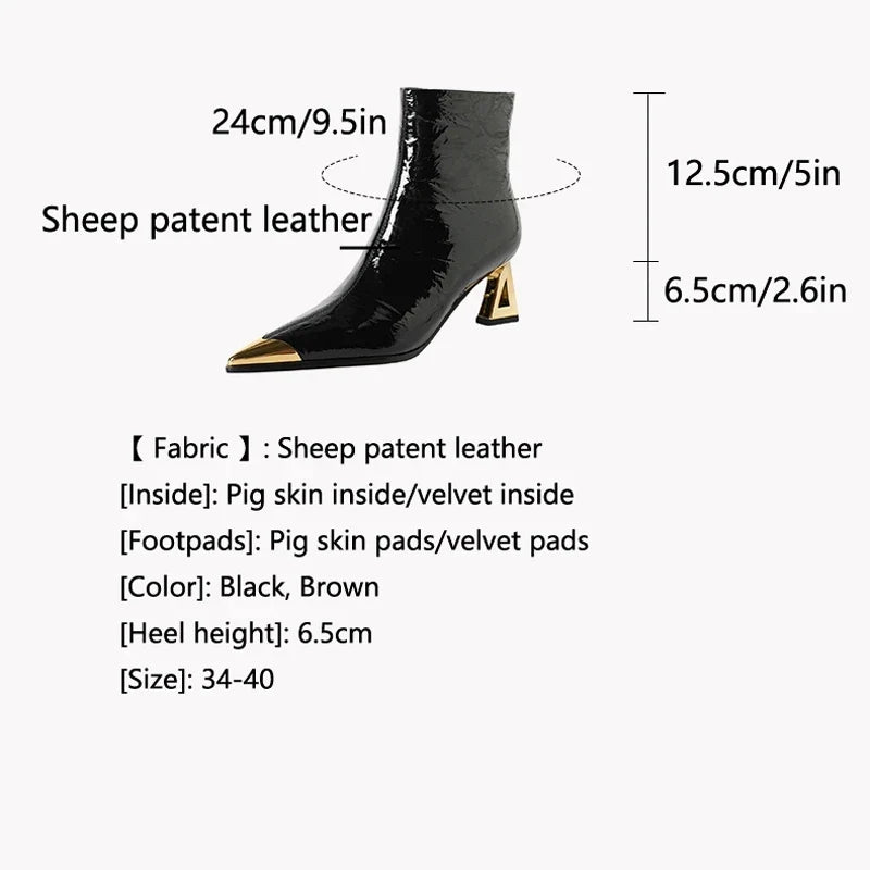 Women's leather sheepskin patent leather metal toe high-heeled zipper retro and calf Chelsea short Boots