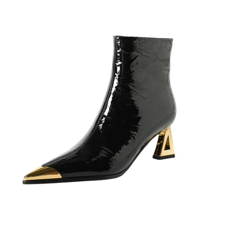 Women's leather sheepskin patent leather metal toe high-heeled zipper retro and calf Chelsea short Boots