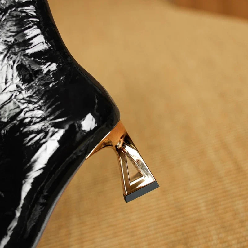 Women's leather sheepskin patent leather metal toe high-heeled zipper retro and calf Chelsea short Boots